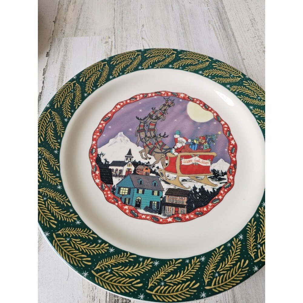 Homer Laughlin turano‎ sleigh scene reindeer green 12-in dinner plate Xmas